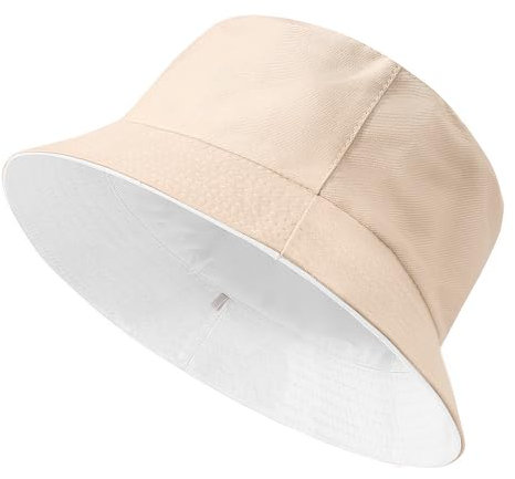 Xnova Fischerhut Damen Reversibel, Bucket Hats Baumwolle Faltbarer Anglerhut mit Breiter Krempe, Beidseitigen UV-Schutz Sonnenhüte Unisex Sommer Hüte Reisezubehör (Weiß-Beige, M:60-62cm)
