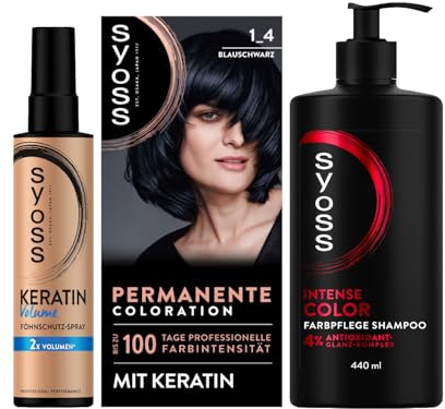 SYOSS Coloration 1_4 Blauschwarz (115 ml), 100% Grauabdeckung & Volumen Föhnschutz-Spray (200 ml), Hitzeschutz bis zu 230 °C, mit Keratin & Gliss Shampoo Colour Perfector (250 ml)