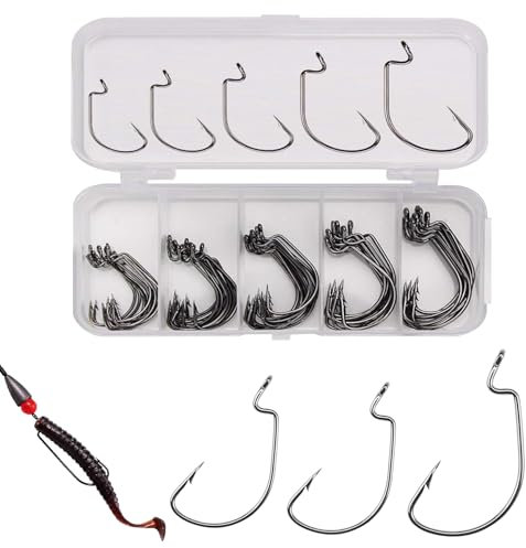 Offset Haken 50 Stück Angelhaken Set 5 Größen Haken mit Kunststoffboxen Kohlenstoffstahl Wurm Angelhaken Set Weiche Köder Jigging Fischhaken Angelzubehör Angelhaken mit Öse