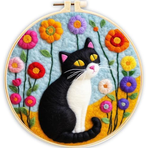 Meecaa Nadelfilz-Set zum Selbermachen für Anfänger, Katze, Blume, Tier, inklusive Wollfilz-Zubehör, Stickrahmen, schöne Wollmalerei und Nadelfilzwerkzeuge (Katze)