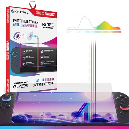 Oniverse Cristal Templado Switch 2 – Protector de pantalla 9H antirreflejo de luz azul, ultra fino, resistente a huellas y al sudor, compatible con Nintendo Switch 2 – Kit de limpieza incluido