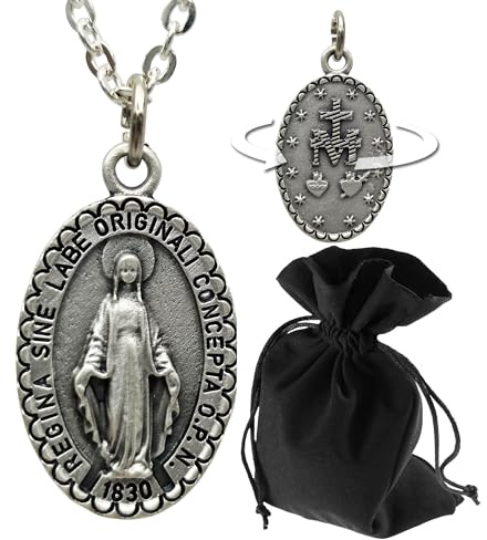 Lunexus Marienanhänger Edelstahl - Silber, Anhänger 3 cm, Kette 60 cm | Edelstahl, matt - Jungfrau Maria mit Kreuz-Rückseite - zu Taufe, Kommunion, Firmung - mit Samtbeutel & Weihezertifikat