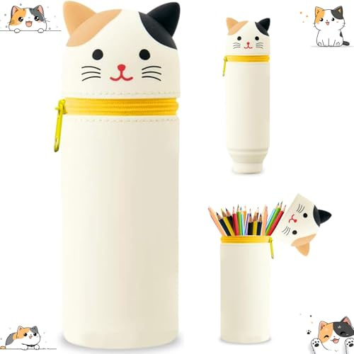 TwoduYoo Super weiches Federmäppchen, Kawaii (Dreiblütige Katze) Federmäppchen aus Silikon, wasserdicht und superweich, 22cm Max Höhe, Soft Pencil Case
