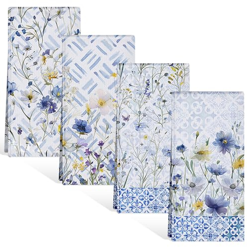 PORFOYO Torchons De Cuisine,4 Pièce 40×60cm Torchons Floral,Torchon Cuisine,Torchon A Vaisselle pour La Maison,La Cuisine,La Salle A Manger,Les Cocktails,100% Microfibre