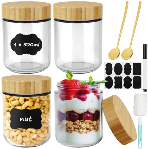Ferenando Lot de 4 Overnight Oats Jar 500ml avec Couvercle Bois & Scoop | Pot en Verre pour Overnight Oats, Bocal Verre 500ml, Petit Bocaux Overnight Oats Hermétique pour Yaourt, Céréales, Salades