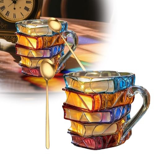 Tasse à café en verre coloré faite à la main en forme de livre peint - Cadeau unique pour les amateurs de livres, les lecteurs, les bibliothécaires, les écrivains (1 pièce)