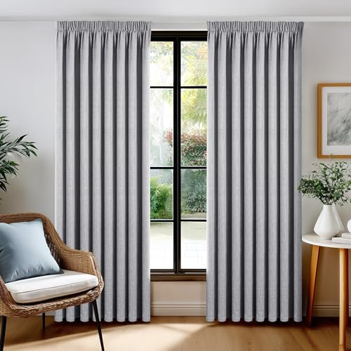 Deconovo Leinen Verdunklungsvorhang mit Kräuselband, 100% Blickdicht, Thermo & Schallschutz, Leinenoptik Blackout Gardine für Wohnzimmer, H200 x B140 cm, Grau, 2er Set