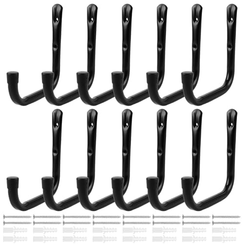 AKOLAFE 12 Stück Wandhaken Garage Schwarz 170 x 170 mm Garage Leiterhaken Schwerlast 20kg Robust Wandhaken zum Schrauben Einhängende J Haken für Leiter, klappstuhl, Fahrrad