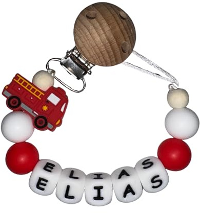 LIYLID Schnullerkette mit Namen und Feuerwehr personalisiert für Junge oder Mädchen | personalisiertes Baby Geschenk | Schnullerband | Verschiedene Modelle | inkl. Geschenkebeutel