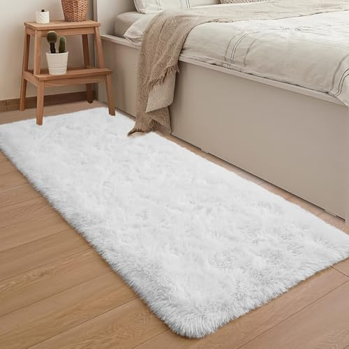Jyswx Wohnzimmer Teppich Läufer – Waschbarer Rutschfester Fluffy Shaggy Teppich, Weicher Kuscheliger Teppich für Schlafzimmer, Kinderzimmer, Flur und Wohnzimmer, 70x300cm, Weiß