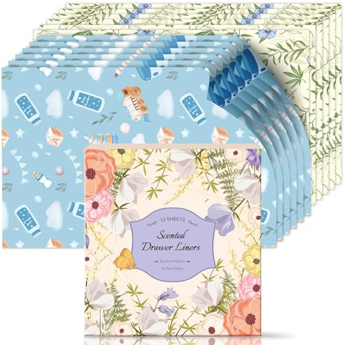 Scent-Hi Duftendes Schrankpapier Schubladeneinlagen, Schrankpapier | Duft Leinen und Babypuder für Schubladen, Regalen, Kleiderschrank, Kommode, 12 Blatt 36.5 * 50 cm