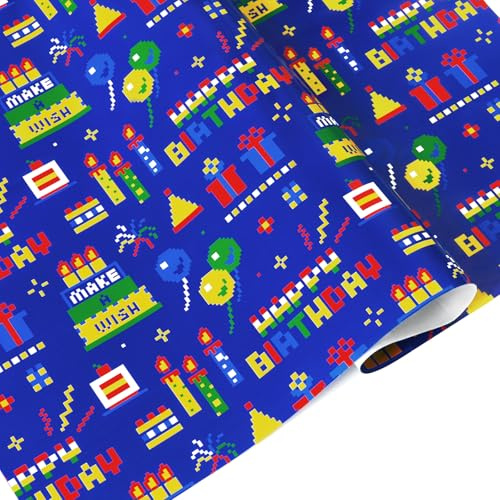 WERNNSAI Pixel Geschenkpapier – 6 Blatt blaues Pixel Geschenkpapier Geburtstags Junge Kinder Spielefans Videospiel Geburtstagsdekoration 70 x 50 cm