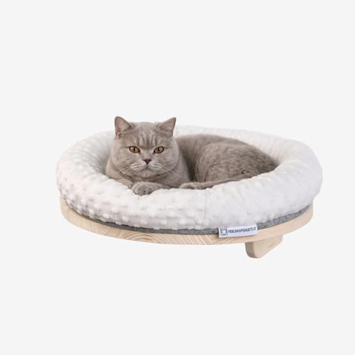 Cuccia per Gatti Tonda da Parete in Legno d’Abete PEFC Artigianale, con Cuscino Beige Lavabile, Mensola per Gatti Super Robusta per Dormire, Gioco e Relax, Fino a 20 kg – Percorsopergatti