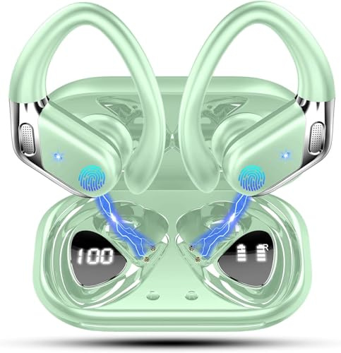 2025 Bluetooth 5.4 Headphones Sports, Wireless Earbuds, Deep Bass Stereo in Ear Headphone for Running, 1.5 H USB-C Fast Charge, 50H Wireless Earphones with Mic CVC 8.0 Cancelling Mic, Light Green