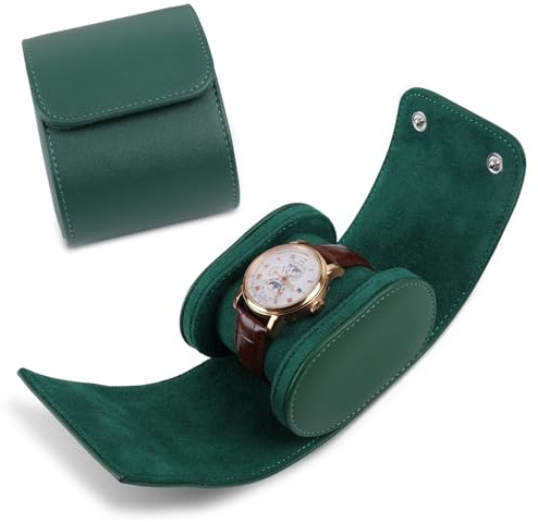 RoYiio Zylindrische Uhrenbox, Uhrenrolle Aufbewahrung für 1 Uhr, Grün | PU-Leder Aufbewahrungsrolle Reiseuhren, Geschenk Männer & Frauen, Vintage Uhrenbox für Ausstellung/Sammlung, Leicht/Kratzfest