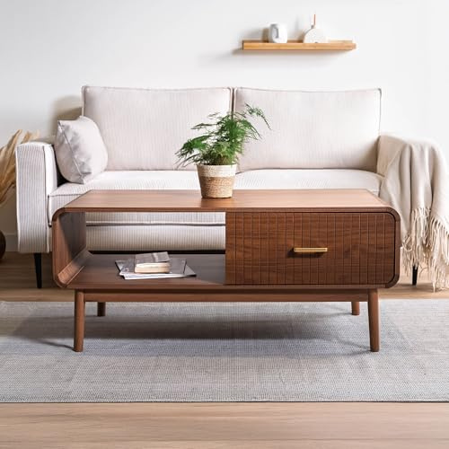 Sicaan Table Basse rétro 105 x 50 x 45,5 cm Finition Noyer - Milo 1 tiroir Rangement Niche Ouverte Style Vintage Plateau spacieux Pieds pin Robustes Salon Charge 50 kg Montage Facile