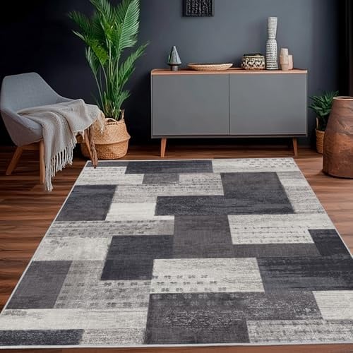Calinline Moderne Geometrische Patchwork Indoor Wohnzimmer Teppich, Anthrazit 140x200 cm Große Teppiche Rockwood Sammlung Böden Dekor für Schlafzimmer, Grau Weich Kurzflor Waschbar Teppich Gegend
