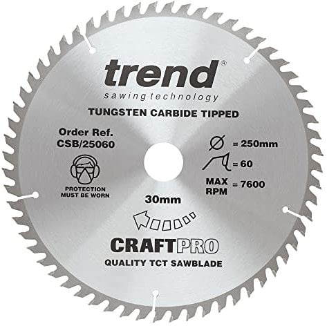 Trend Wood Circular Saw Blade, 250mm Diameter, 30mm Bore, 60 Teeth, 2.8mm Kerf, +10° Hook, TCT, Fine Finish, CSB/25060