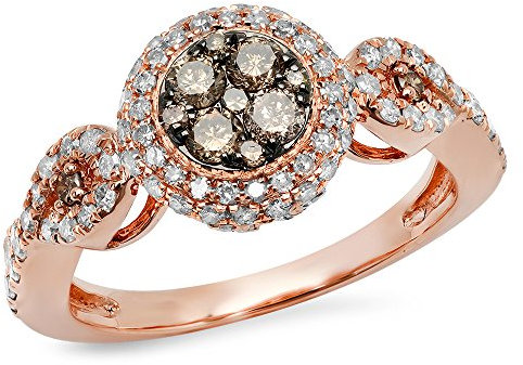 Dazzlingrock Collection 0.95 Carat (ctw) 14K Gold Round Champagne & White Diamond Swirl Split Shank Cluster Engagement Ring 1 CT, Rose-gold, champagne-diamond