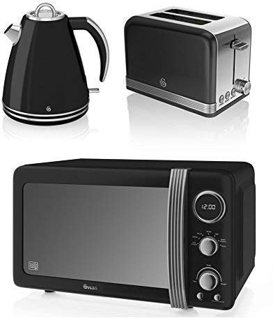 New Swan Kitchen Appliance Retro Set - Black Digital 20L Microwave, Black 1.5 Litre Jug Kettle & Black Retro Stylish 2 Slice Toaster Set