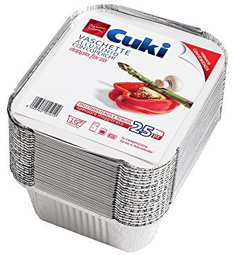 Cuki Vaschette Alluminio con coperchi - Doppia Forza - 1 porzione -rettangolari [R31L] - Formato convenienza - 1 confezione da 25 pezzi