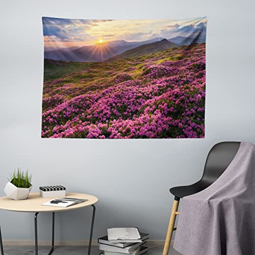 ABAKUHAUS Natur Wandteppich, Blumenwiese Berg, Wohnzimmer Schlafzimmer Heim Seidiges Satin Wandteppich, 200 x 150 cm, Lila Orange