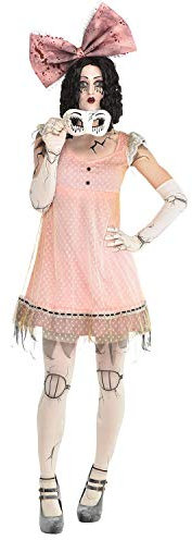 Amscan - Erwachsenenkostüm gruselige Puppe, Kleid, Strumpfhose, Handschuhe, Haarband, Schleife, Maske, Halloween, Mottoparty, Karneval