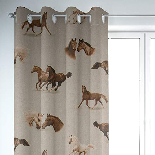 SCHÖNER LEBEN. Vorhang Leinenlook Pferde Natur braun 245cm, Gardinen Aufhängung:Ösen