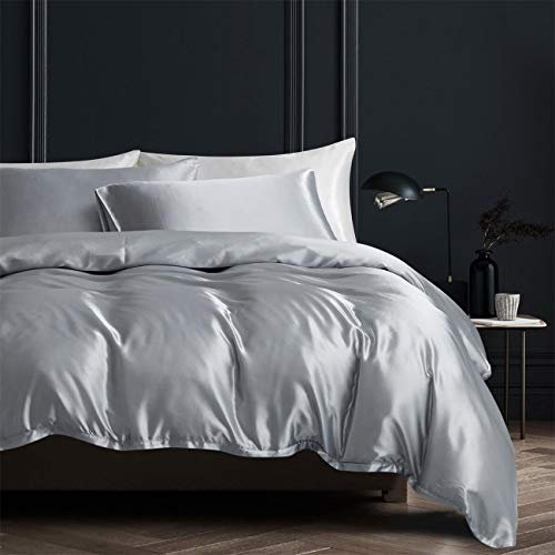 Damier Satin Bettwäsche 155x220 Grau Silbergrau Glatt Glänzend Bettbezug Set 2 Teilig Deluxe Bettwäsche und 2 Kissenbezüge 80x80 mit Reißverschluss