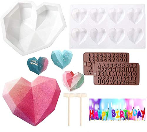 goldmiky Diamant Herz Silikon Kuchenform (6 Stück Kit), Romantische Diamant Liebesform + Hohlräume Herzform Tablett + 2 Schokoladen Buchstabenform + 2 Holzhämmer, Ideal Kuchen DIY Kit