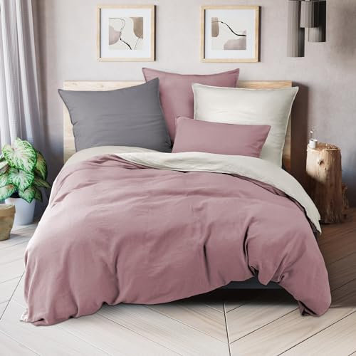 Pure Label Halbleinen Bettwäsche 135x200 cm mit Kissenbezug 40x80 cm in Mauve - Bügelfreie Bettwäsche Sets 135 x 200 aus belgischem Leinen und feinster Baumwolle