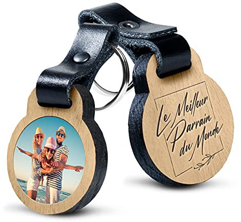 Porte-clé Personnalisable Parrain avec photo en bois de chêne et cuir véritable - idée de cadeau personnalisé - message inclus 'Le Meilleur Parrain Du Monde' (4,8 x 5,6 cm)
