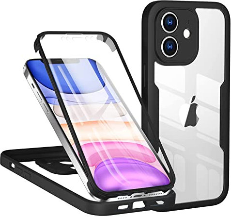 TVVTPU Cover per iPhone 12 6,1”, 360 Gradi Antiurto Custodia con Protezione dello Schermo Integrata e Protezione Fotocamera, Trasparente Rugged TPU Bumper Doppia Protettiva, Nero