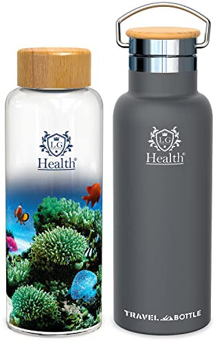 LG Luxury & Grace Pack 2 Botellas de Agua con Funda de Neopreno. Botella de Agua de Cristal 450 ml + Botella de Agua de Acero Inoxidable 500 ml. Accesorios Incluidos. Diseño Ligero y Sin BPA.