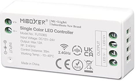 LGIDTECH FUT036S Miboxer einfarbige LED-Lichtstreifen-Steuerung, DC 12 V ~ 24 V, max. Ausgangsleistung 12 A, Smartphone-App-Steuerung über WL-Box1-Gateway (nicht im Lieferumfang enthalten)