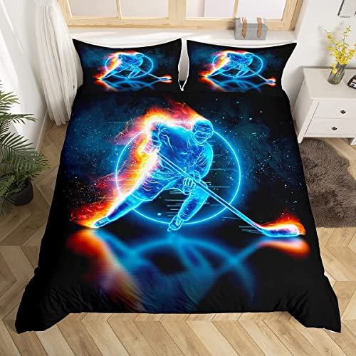 Ice Hockey Duvet Cover Set Teens Puck Sport Fans Bedding Set for Kids Boys Girls Sports Games Comforter Cover Gold Flame Ice Blue Quilt Cover 2Pcs Single Boys