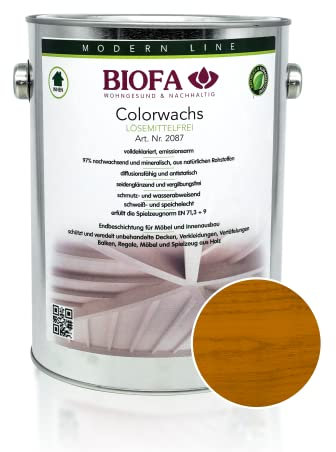 BIOFA Colorwachs lösemittelfrei farbig natürliche Holz-Wachs-Lasur mit Carnaubawachs für Holzdecken, Möbel, Spielzeug Teak 2,5L