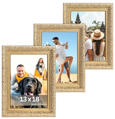 VictoR Vintage Bilderrahmen „Rubens“ 3er Set in 13x18 cm Gold Grün - Leiste: 30x20mm - Echtglas - Fotorahmen Barock - Antik - Bilderrahmen 13x18 Gold