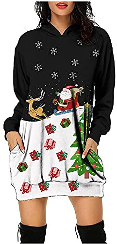 RMBLYfeiye Christmas Hoodie Kleid Damen Weihnachtspullover Weihnachtskleider Hoodie Weihnachtspullover Damen Rentier Print Hoodie Kleid Langes Weihnachtskleid mit Taschen