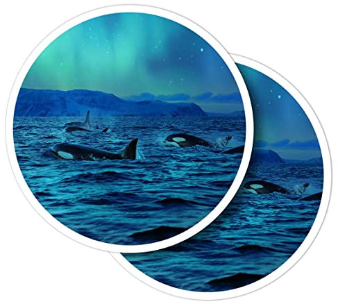 Vinyl-Aufkleber, rund, 10 cm, Orca-Killerwale, Nordlichter, Ozean, für Laptops, Tablets, Gepäck, Sammelalben, Kühlschränke #53115, 2 Stück