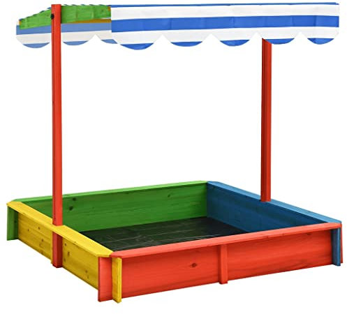 VACARX Sandkasten mit verstellbarem Dach, Tannenholz, mehrfarbig, UV50, Dachartikel, gestreift, blau und weiß
