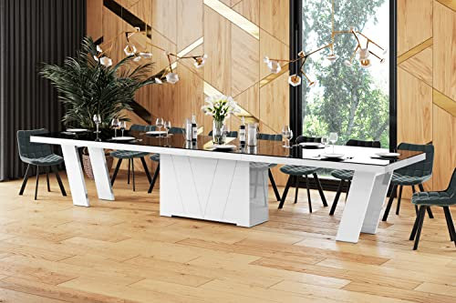 designimpex Design Konferenztisch Tisch HEG-111 Hochglanz XXL ausziehbar 160-412cm, Farbe:Schwarz Hochglanz - Weiß Hochglanz