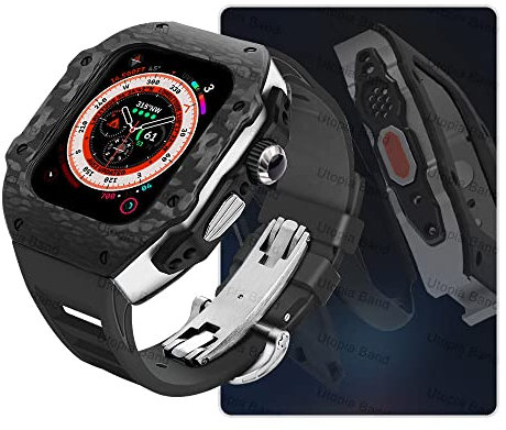 ONECMN Funda de fibra de carbono para Apple Watch Ultra 49mm Kit de modificación de lujo para iWatch 8 7 6 5 4 SE 45mm 44mm flúor correa de goma con herramienta, 45mm, Agate