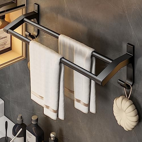 FUYAO Double Porte-Serviettes sans Percer Noir Serviette Barre Autocollante Murale Porte-Serviette avec 2 Crochets pour Salle De Bain Cuisine,50cm