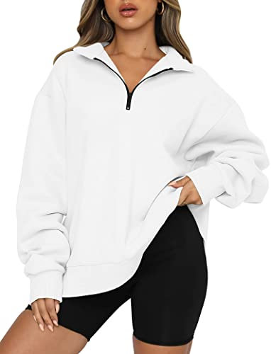 Famulily Sweatshirt for Women Fleece Lined Hoodies Casual Long Sleeve Lapel Pullover Plain Comfy Warm Tops White S