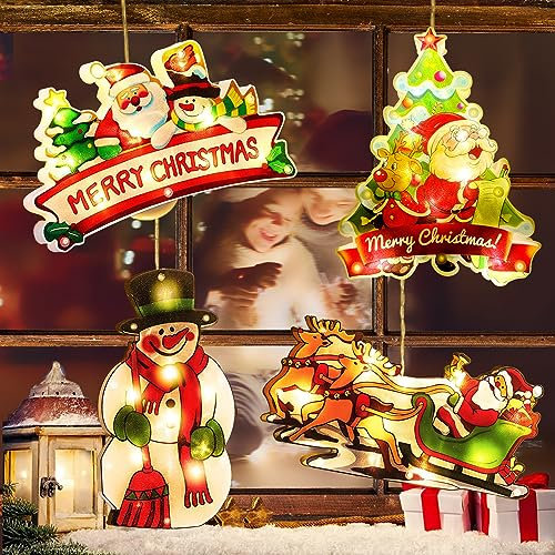 YeahBoom 4er Set Saugnapf Weihnachten Lichter, Doppelseitige Farbe LED Weihnachtsbeleuchtung, Fensterlicht Mit Timer, Batteriebetrieben (Ohne Batterie), für Weihnachtsdeko
