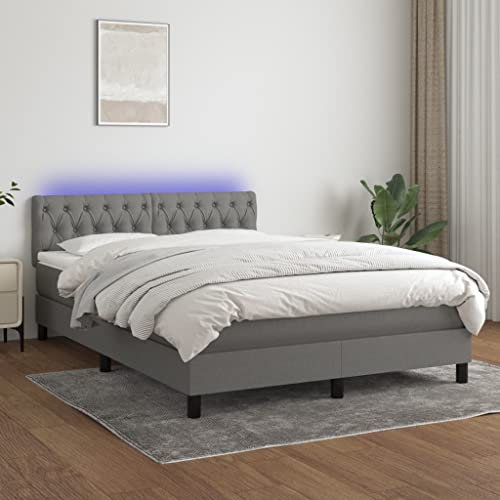 Homgoday Lit à ressorts matelas et LED gris foncé 140 x 190 cm en tissu, lit tête de lit, cadre pour chambre à coucher, salon