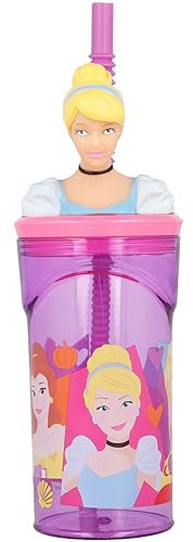 Bicchiere con cannuccia Cenerentola Principesse Disney con personaggio 3D in plastica riutilizzabile BPA Free capacità 360 ml