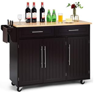 GOPLUS Desserte Îlot de Cuisine Desserte à roulettes Chariot de Cuisine en Bois avec 2 Placards Étagère 2 Niveaux Réglables et 2 Tiroirs, Porte-Serviettes, 122 x 46 x 93 CM, Marron