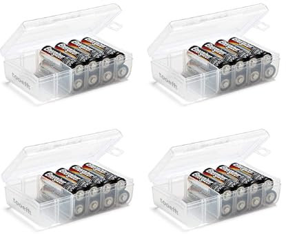 tooefft Set mit 4 Batterie-Boxen, 4 AA-Batterien, Aufbewahrungsbox, Organizer, Batteriehalter, transparent (4 AA)